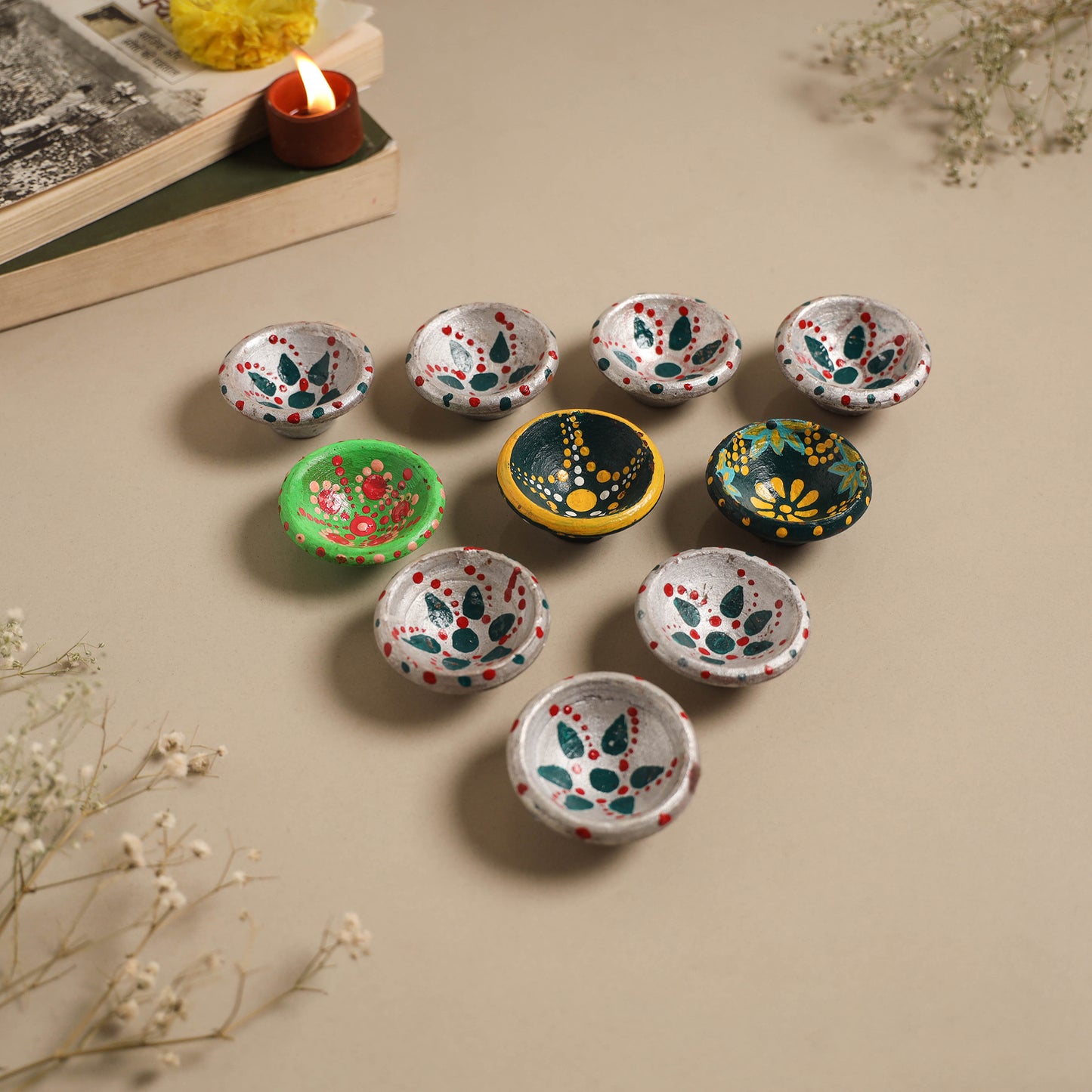 Decorative handpainted clay diya (set of 10) 36