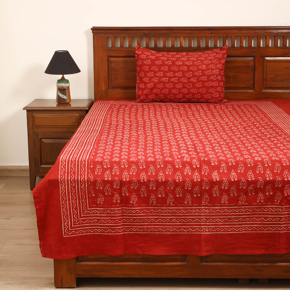 Pipad Hand Block Print Single Bedsheet with 1 Pillow Cover Set (90 x 60 in) 09