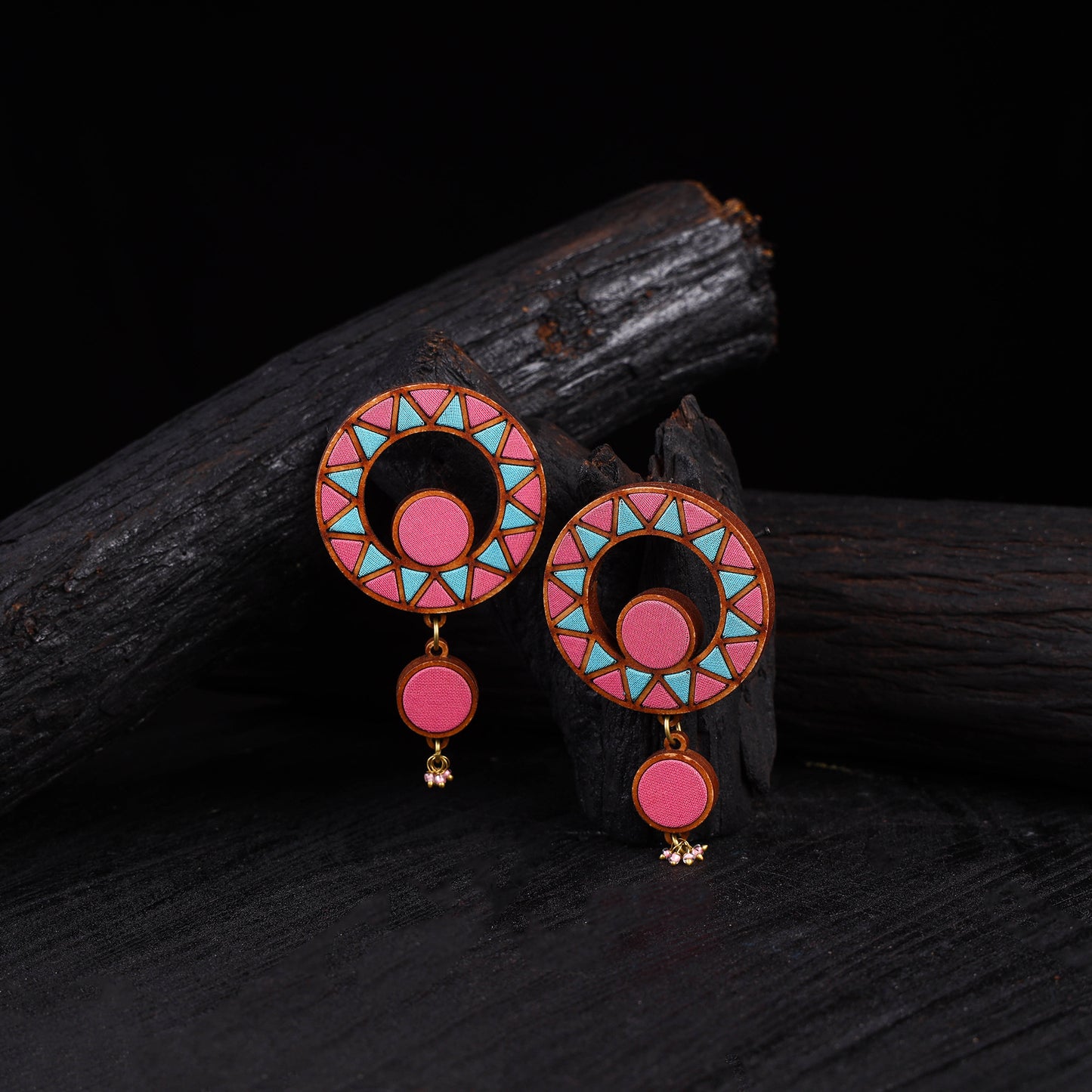 WHE Multicolor Wheel Repurposed Fabric & Wood Earrings 47
