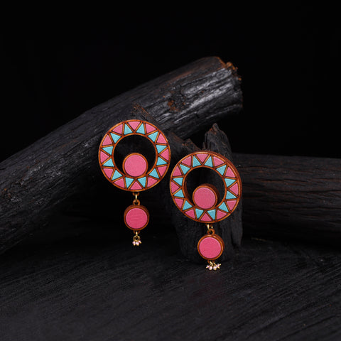 WHE Multicolor Wheel Repurposed Fabric & Wood Earrings 47