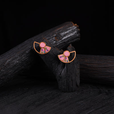 WHE Pink Geometrical Repurposed Fabric & Wood Earrings 48