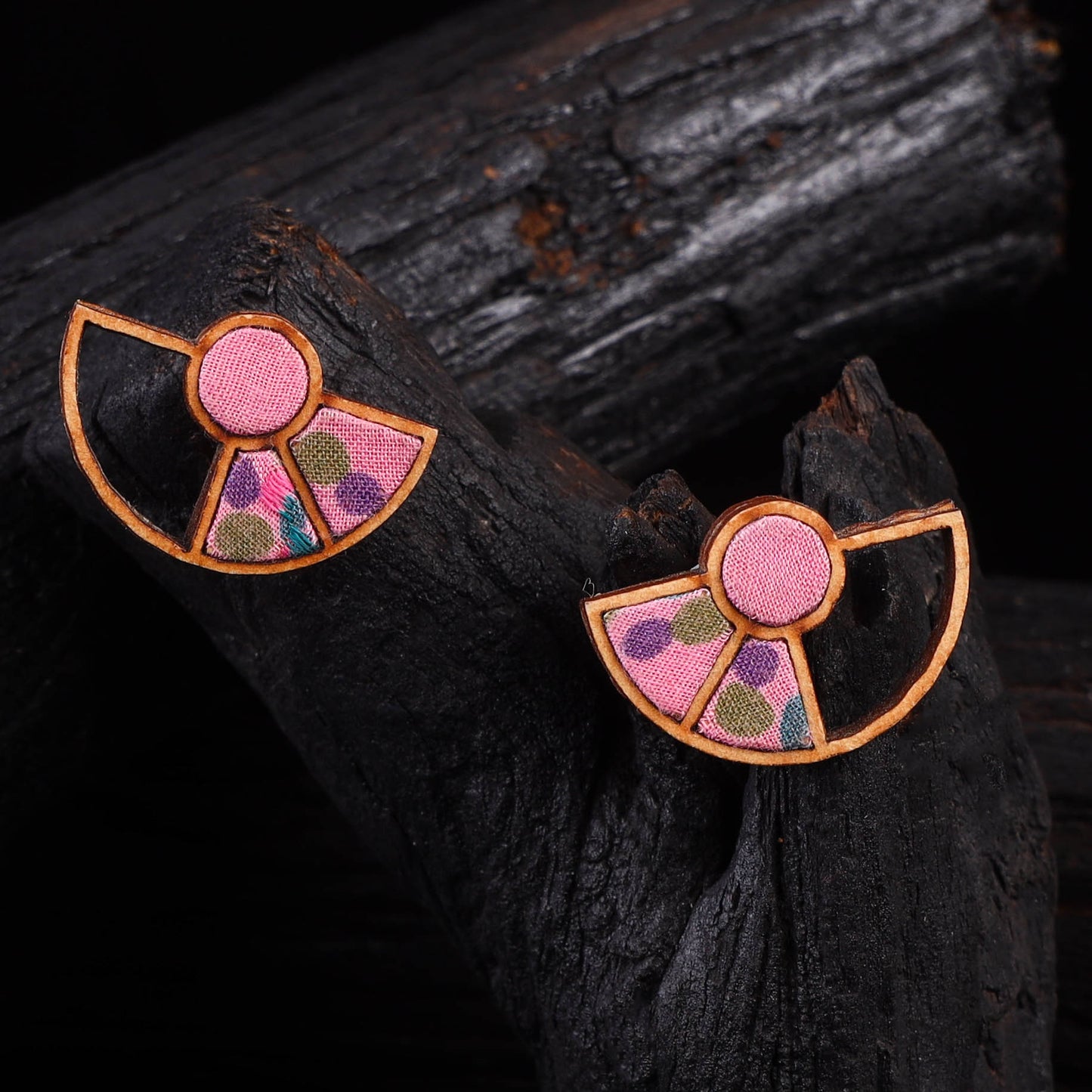 WHE Pink Geometrical Repurposed Fabric & Wood Earrings 48
