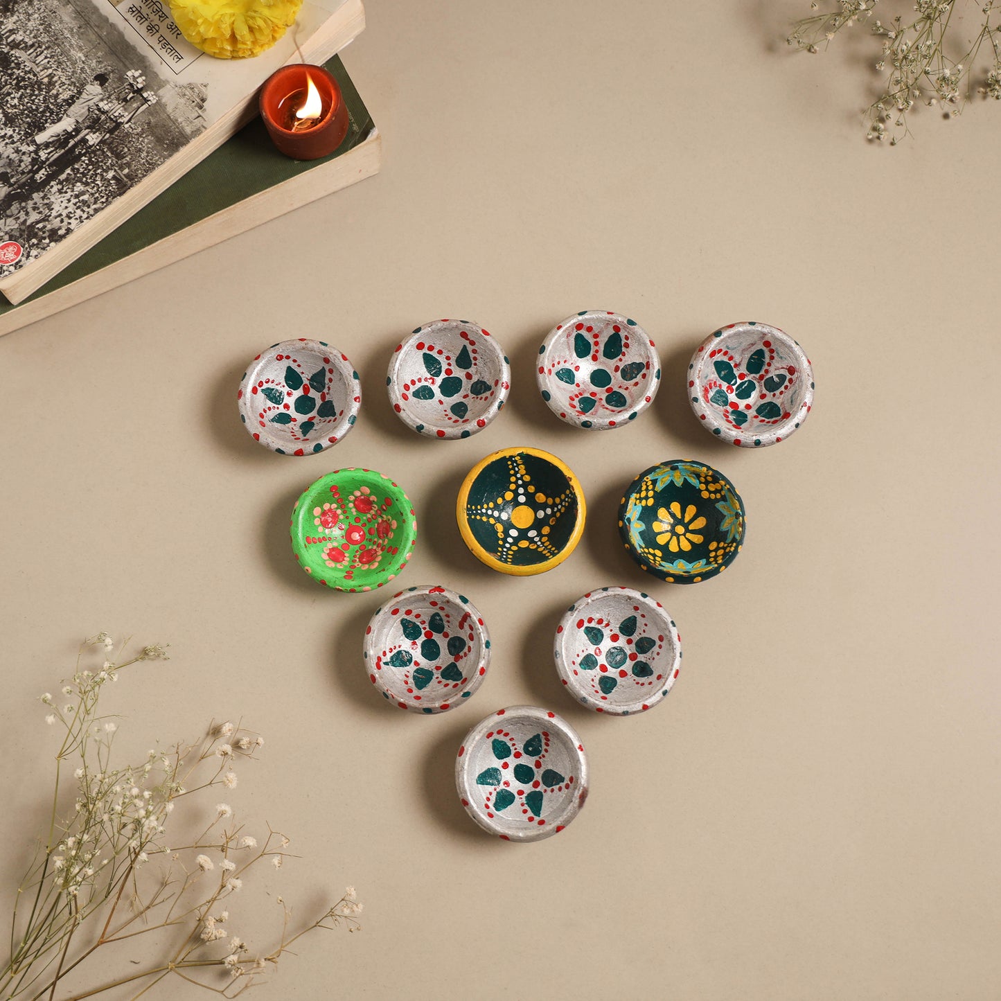 Decorative handpainted clay diya (set of 10) 36