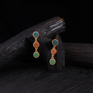 WHE Green Brown Repurposed Fabric & Wood Round Earrings 49