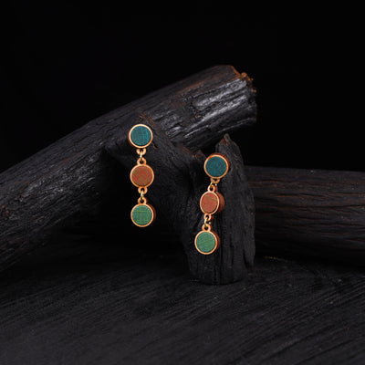 WHE Green Brown Repurposed Fabric & Wood Round Earrings 49
