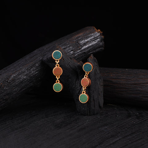 WHE Green Brown Repurposed Fabric & Wood Round Earrings 49