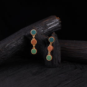WHE Green Brown Repurposed Fabric & Wood Round Earrings 49