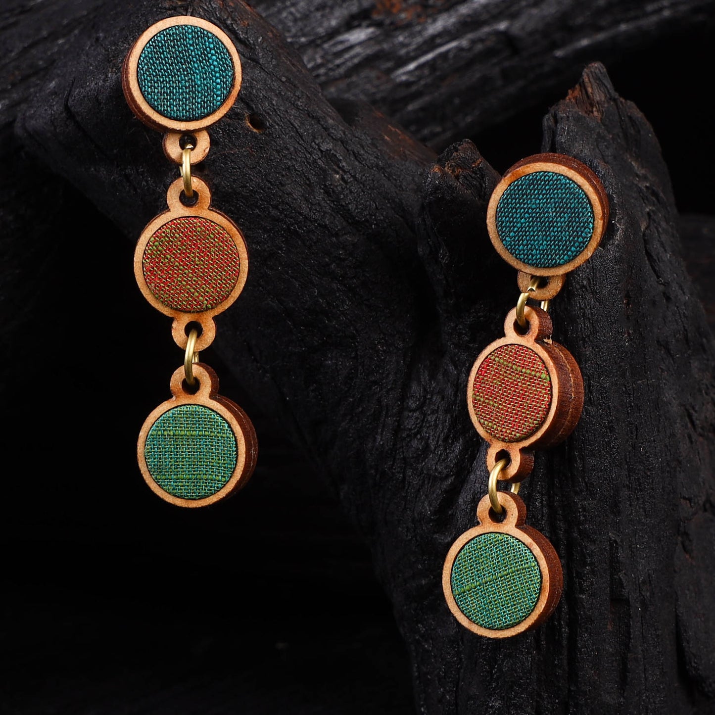 WHE Green Brown Repurposed Fabric & Wood Round Earrings 49