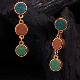 WHE Green Brown Repurposed Fabric & Wood Round Earrings 49