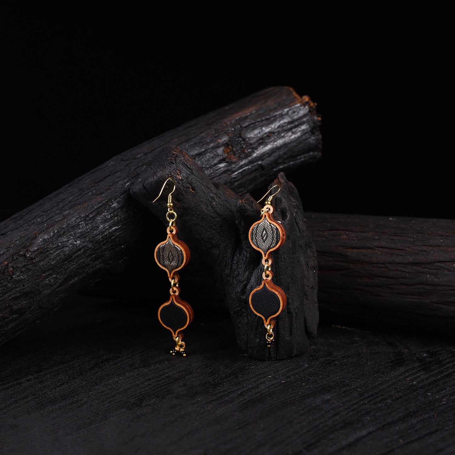 WHE Black & Gold Festive Multi Layered Repurposed Fabric & Wood Earrings 50