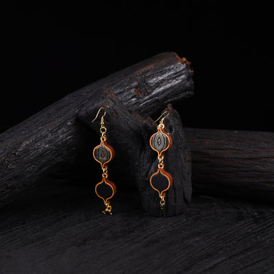 WHE Black & Gold Festive Multi Layered Repurposed Fabric & Wood Earrings 50