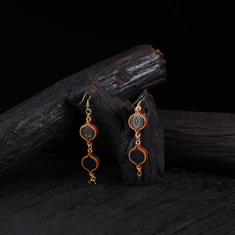WHE Black & Gold Festive Multi Layered Repurposed Fabric & Wood Earrings 50