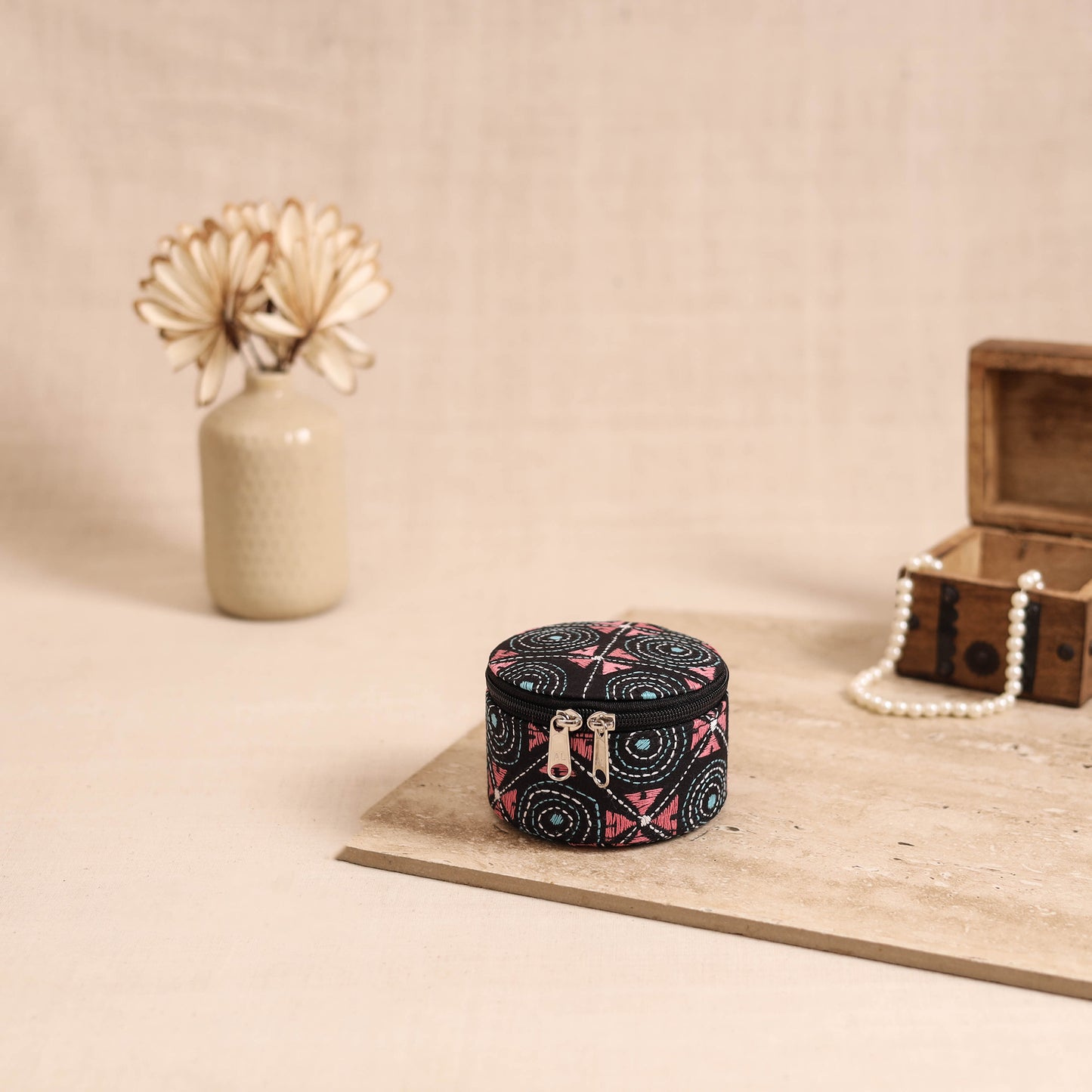 Handcrafted Bengal Kantha Work Round Utility Box 05