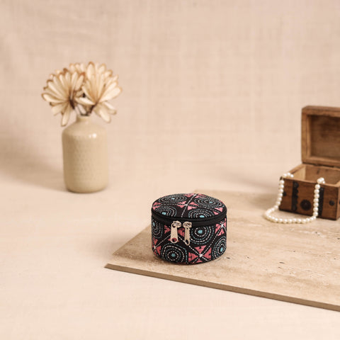 Black - Handcrafted Bengal Kantha Work Round Utility Box 05