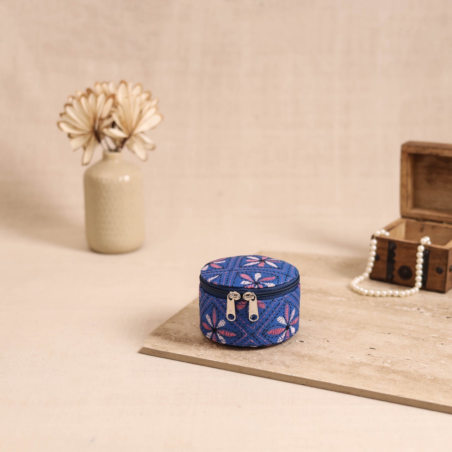 Handcrafted Bengal Kantha Work Round Utility Box 15