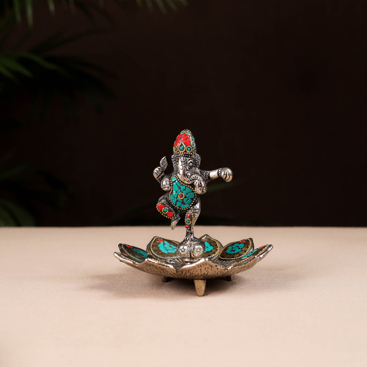 Tibetan lotus ganesha stone work white metal incense stick