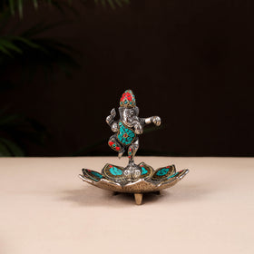Tibetan lotus ganesha stone work white metal incense stick