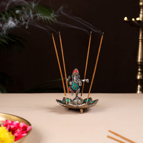 Tibetan lotus ganesha stone work white metal incense stick