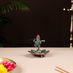 Tibetan lotus ganesha stone work white metal incense stick