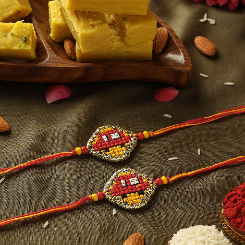 Tribal Hand Embroidered Kids Rakhi (Set of 2) with Soan Papadi