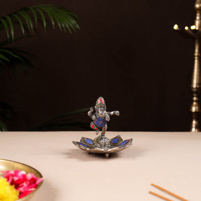 Tibetan Lotus Ganesha Stone Work White Metal Incense Stick Holder 02