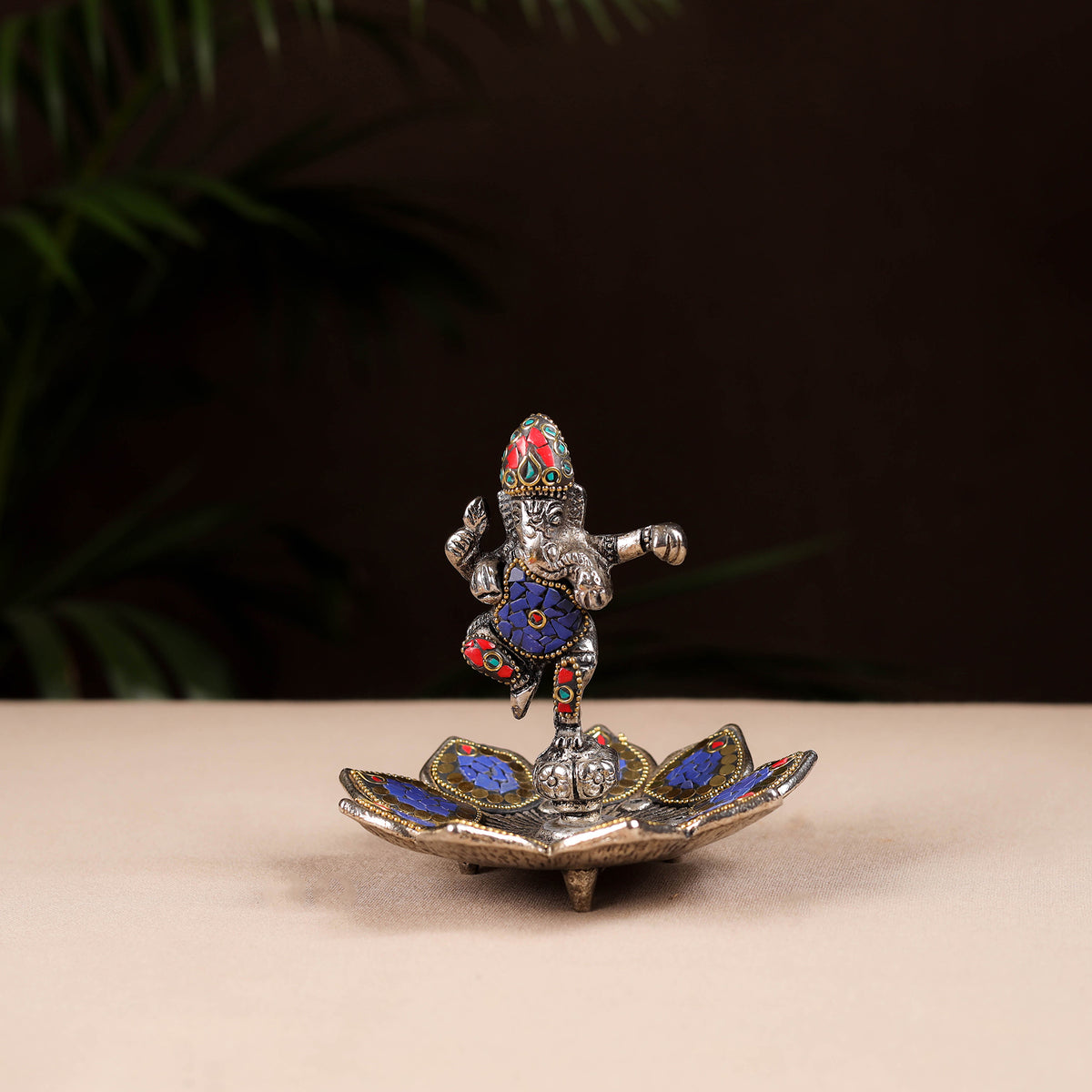 Tibetan Lotus Ganesha Stone Work White Metal Incense Stick Holder 02