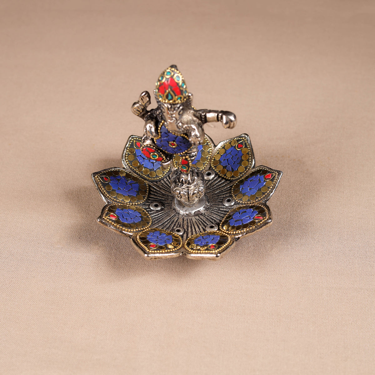 Tibetan Lotus Ganesha Stone Work White Metal Incense Stick Holder 02