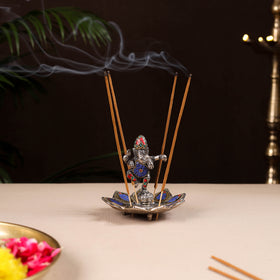 Tibetan Lotus Ganesha Stone Work White Metal Incense Stick Holder 02