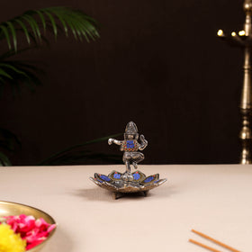 Tibetan Lotus Ganesha Stone Work White Metal Incense Stick Holder 02