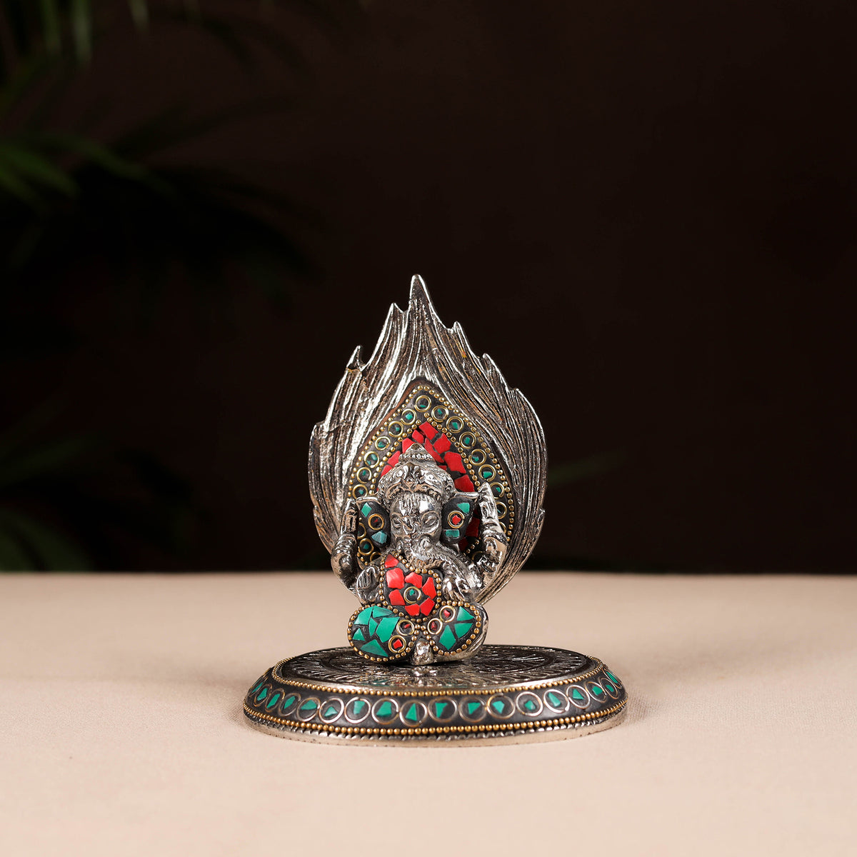 Tibetan ganesha stone work white metal incense stick holder