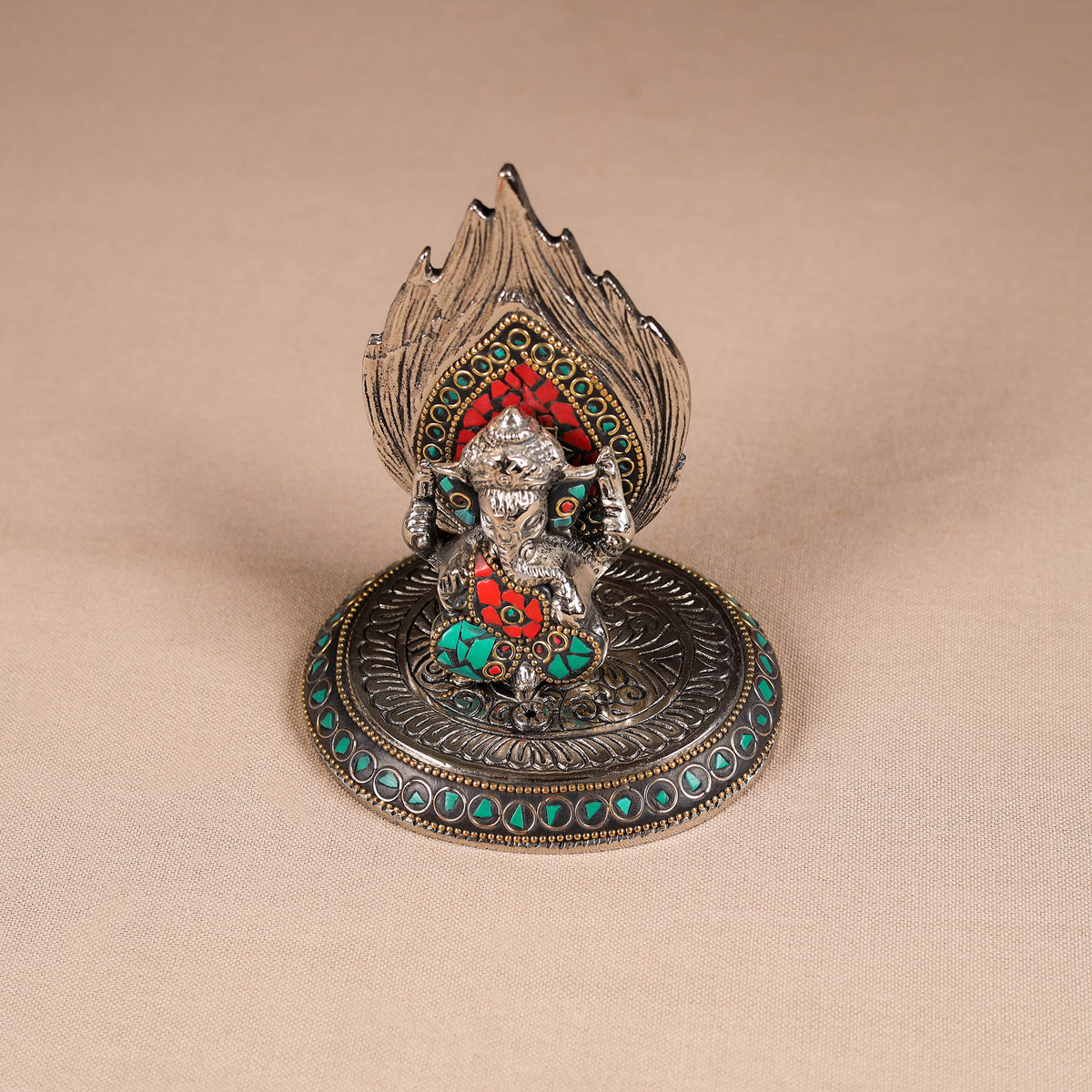 Tibetan ganesha stone work white metal incense stick holder