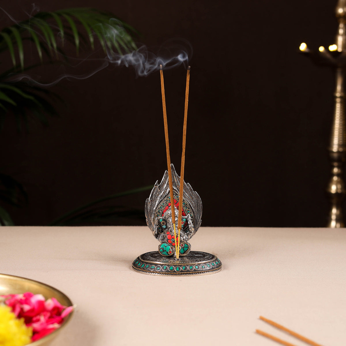 Tibetan ganesha stone work white metal incense stick holder