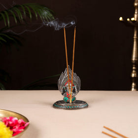 Tibetan ganesha stone work white metal incense stick holder