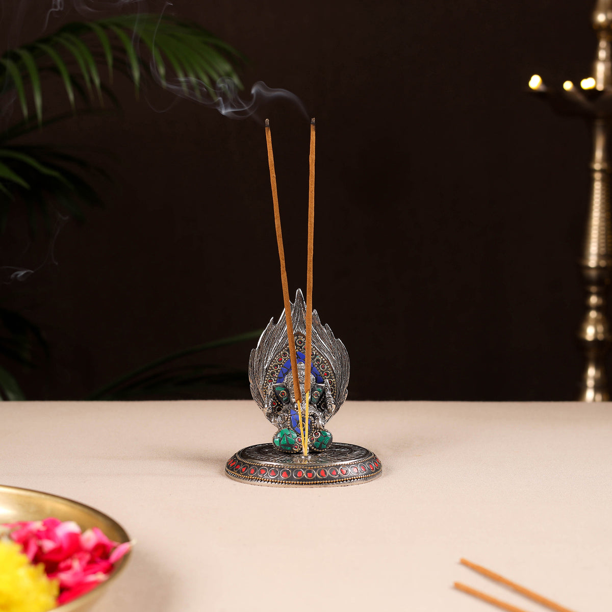 Tibetan Ganesha Stone Work White Metal Incense Stick Holder 06