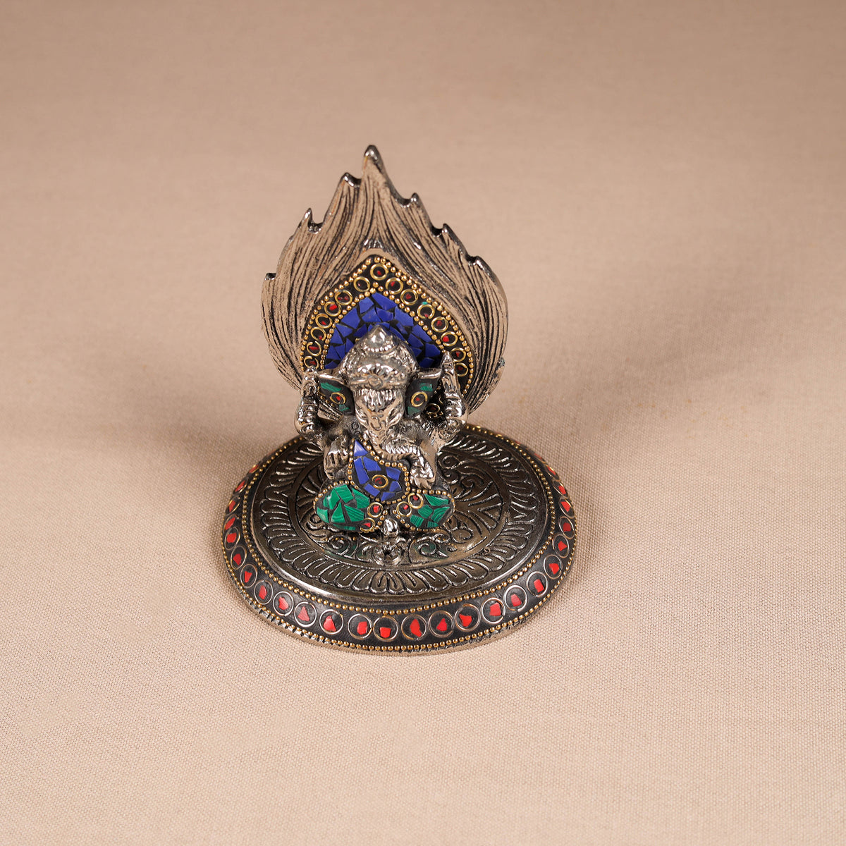 Tibetan Ganesha Stone Work White Metal Incense Stick Holder 06
