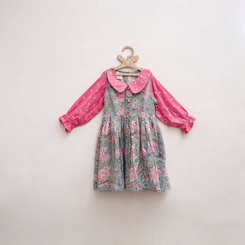 Pink - Pure Cotton Girls Frock Dress in Sanganeri Floral Print (3-4 Years) 05