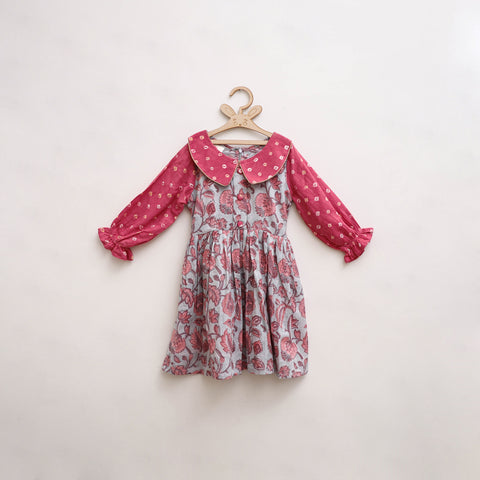 Pink - Pure Cotton Girls Frock Dress in Sanganeri Floral Print (3-4 Years) 06