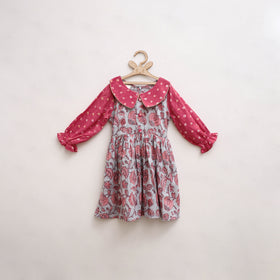 Pure Cotton Girls Frock Dress in Sanganeri Floral Print (3-4 Years) 06