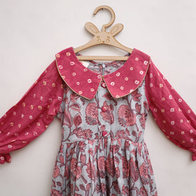 Pure Cotton Girls Frock Dress in Sanganeri Floral Print (3-4 Years) 06