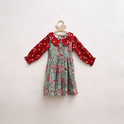 Pure Cotton Girls Frock Dress in Sanganeri Floral Print (3-4 Years) 07
