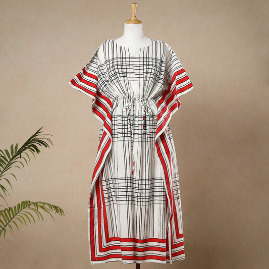 White - Hand Block Printed Cotton Kaftan with Tie-Up Waist (Long)