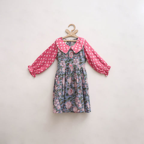 Pink - Pure Cotton Girls Frock Dress in Sanganeri Floral Print (3-4 Years) 08