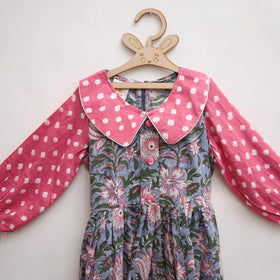 Pure Cotton Girls Frock Dress in Sanganeri Floral Print (3-4 Years) 08