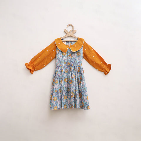 Yellow - Pure Cotton Girls Frock Dress in Sanganeri Floral Print (3-4 Years) 09