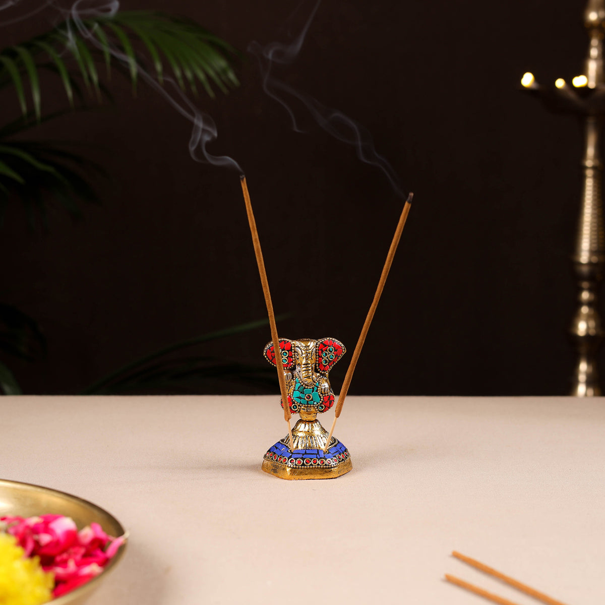 Tibetan Ganesha Stone Work White Metal Incense Stick Holder 32
