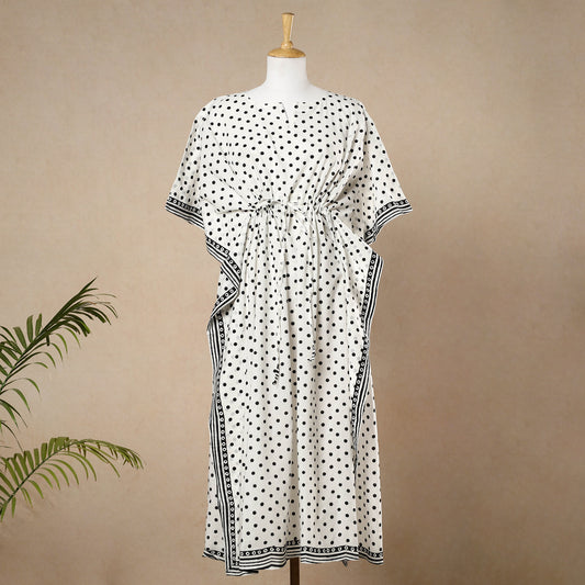 White - Hand Block Printed Cotton Kaftan with Tie-Up Waist (Long)