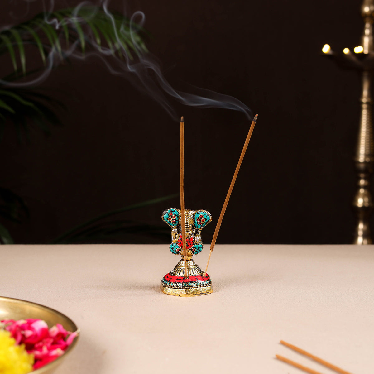 Tibetan Ganesha Stone Work White Metal Incense Stick Holder 33
