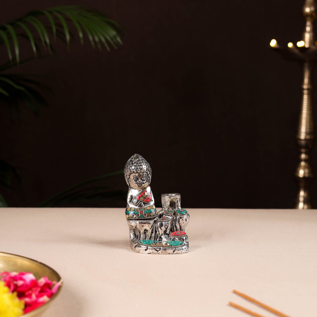 Tibetan Monk Buddha Smoke Backflow Stone Work White Metal Meditating Incense Cone Holder 04