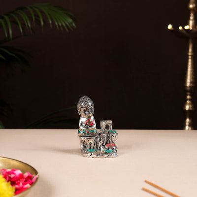 Tibetan Monk Buddha Smoke Backflow Stone Work White Metal Meditating Incense Cone Holder 04