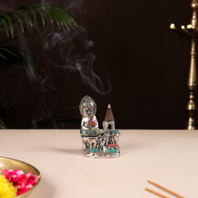 Tibetan Monk Buddha Smoke Backflow Stone Work White Metal Meditating Incense Cone Holder 04